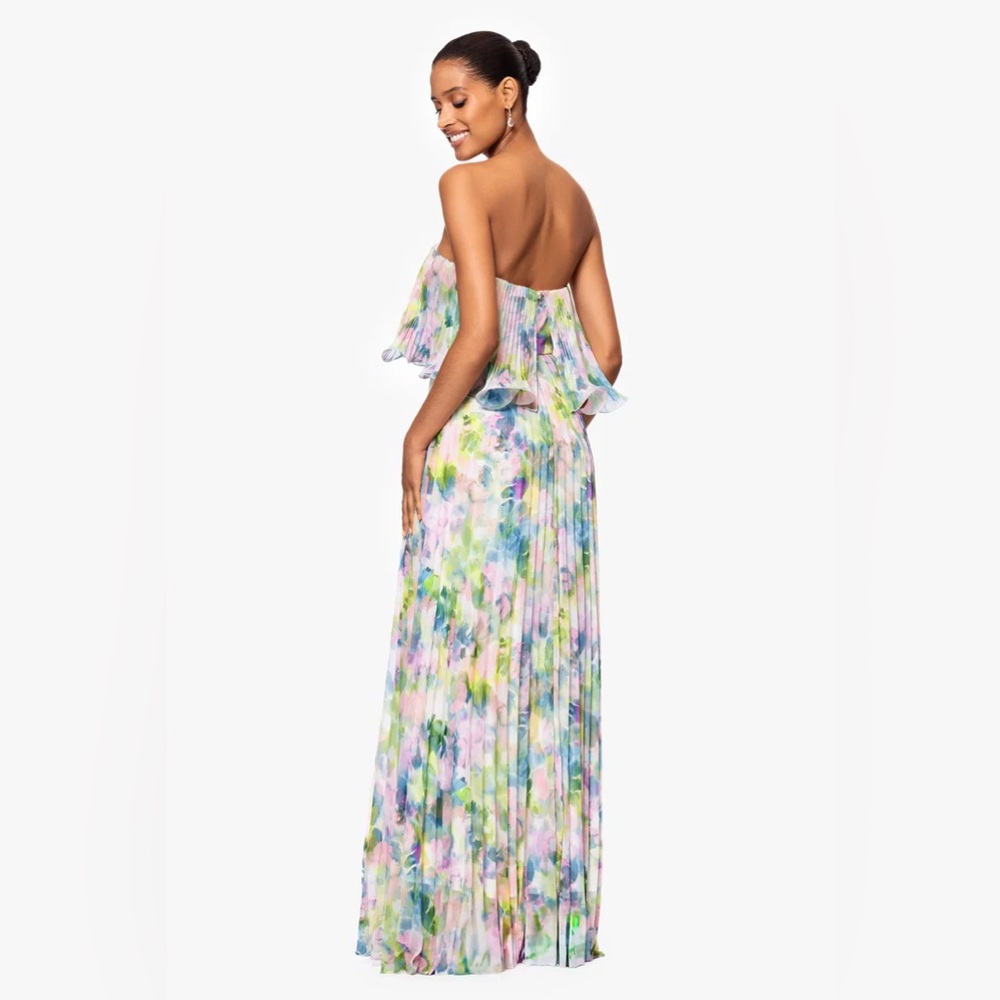 Betsy & Adam Strapless Watercolor Floral Pleated Maxi Dress